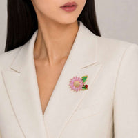Flower cubic zirconia brooch with pink stones green enamel leaves and red beetle