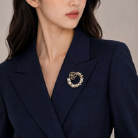 gold plated flower brooch with white freshwater pearls and rose cubic zirconia