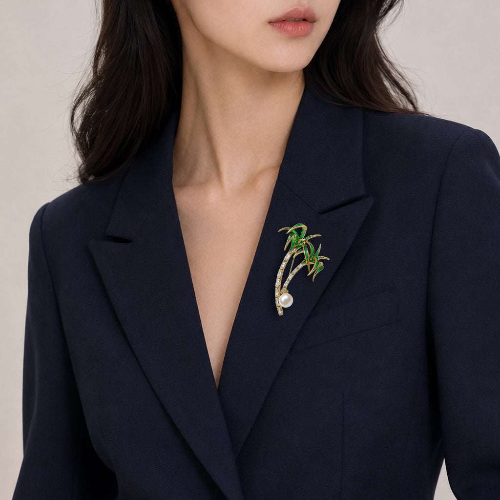 Palm trees brooch with freshwater pearl and green enamel leaves