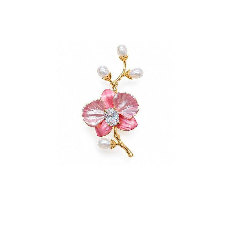Flower Freshwater Pearl Brooch with a pink enamel blossom, clear crystal centre and white teardrop pearls on a gold twig