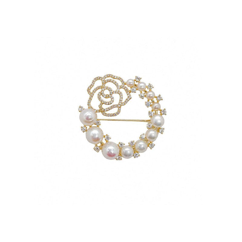 flower freshwater pearl brooch with rose cubic zirconia and gold plating