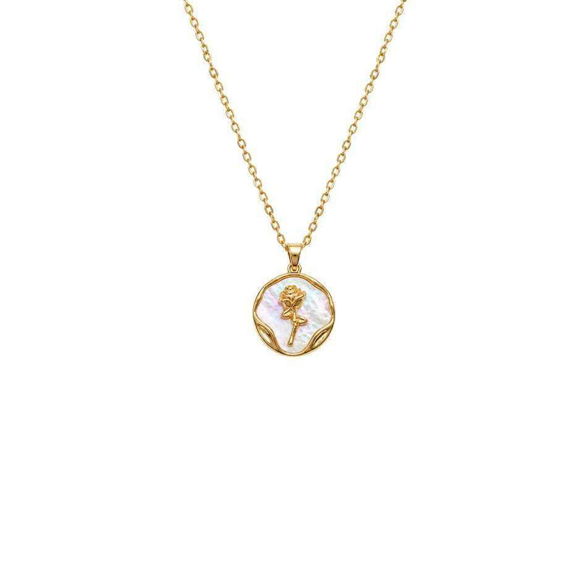 Flower Pendant Necklace with a gold-plated chain, rose motif, round mother-of-pearl pendant and wavy gold border