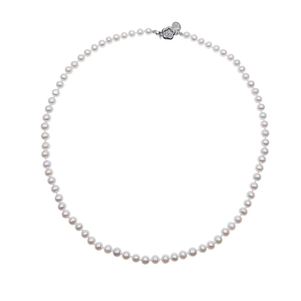 Freshwater pearl 17 inch necklace with flower rhodium clasp