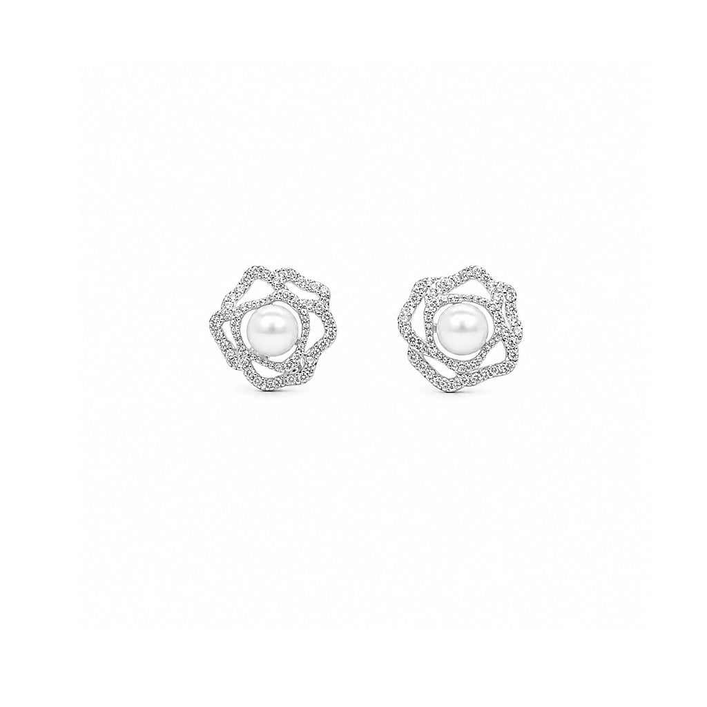 Freshwater pearl and cubic zirconia flower stud earrings