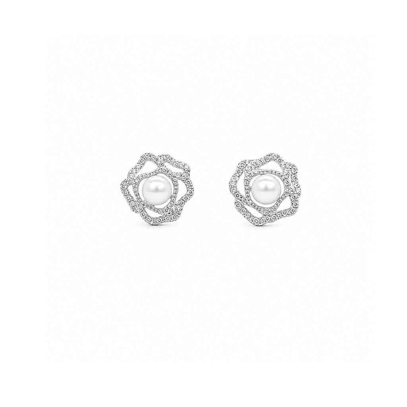 Freshwater pearl and cubic zirconia flower stud earrings
