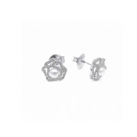 Freshwater pearl and cubic zirconia flower stud earrings with rhodium finish