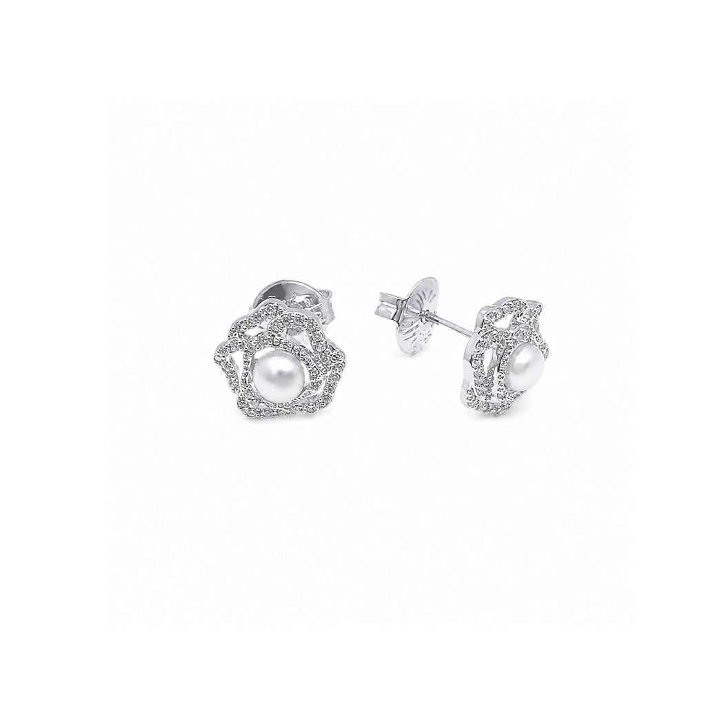 Freshwater pearl and cubic zirconia flower stud earrings with rhodium finish