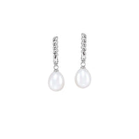Teardrop freshwater pearl hoop earrings with rhodium finish