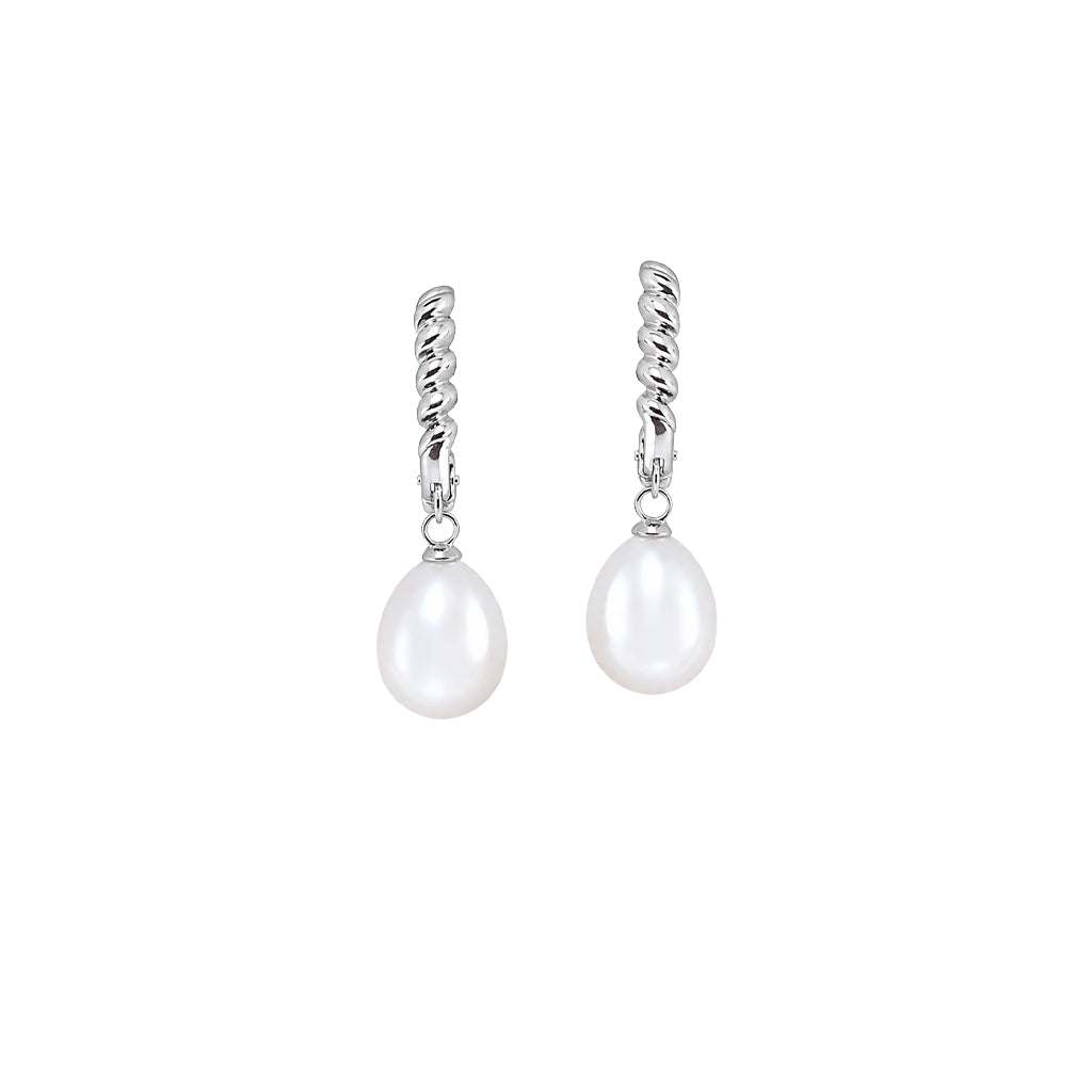 Teardrop freshwater pearl hoop earrings with rhodium finish