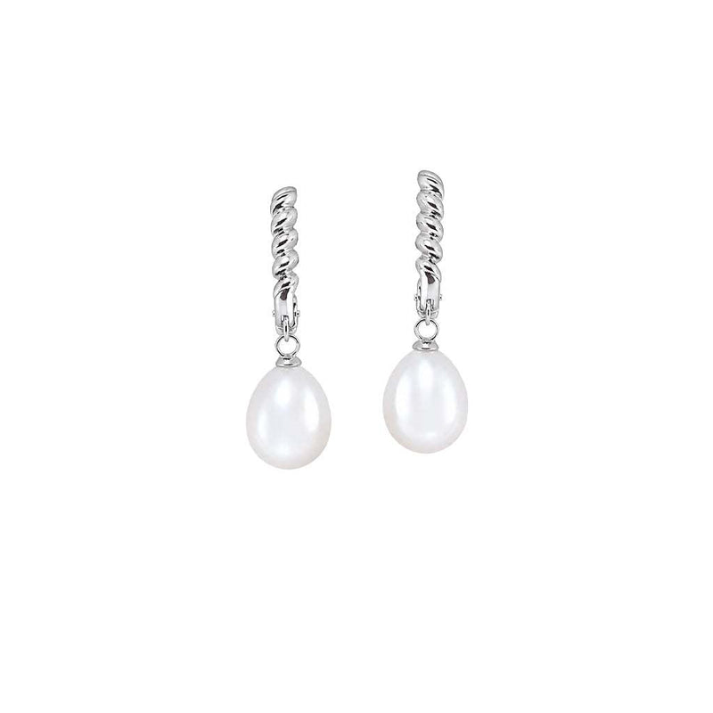 Teardrop freshwater pearl hoop earrings with rhodium finish