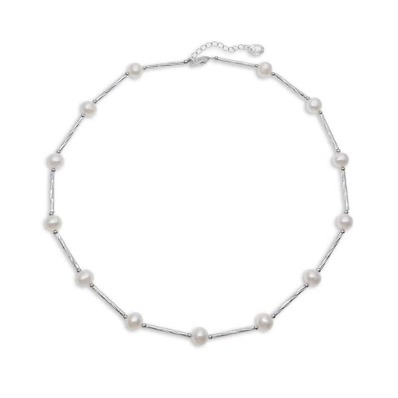 Freshwater Pearl Necklace with lustrous white pearls linked by slender silver-tone wire and an adjustable chain clasp