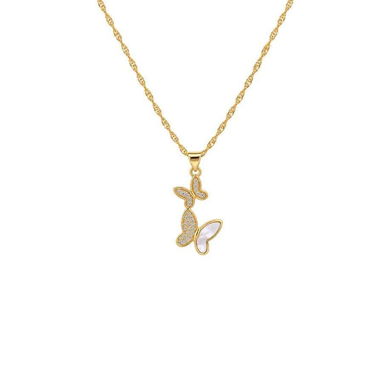 gold butterfly necklace with a fine twisted gold-tone chain and two butterflies, one sparkling with clear stones and one pearly
