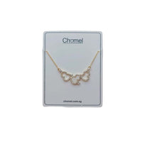 Gold pendant necklace with a delicate chain and three linked hulu-shaped charms set with sparkling clear stones