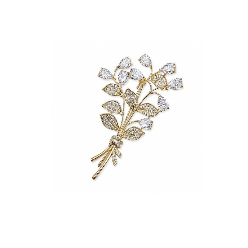 Gold plated leaf cubic zirconia brooch with bouquet design