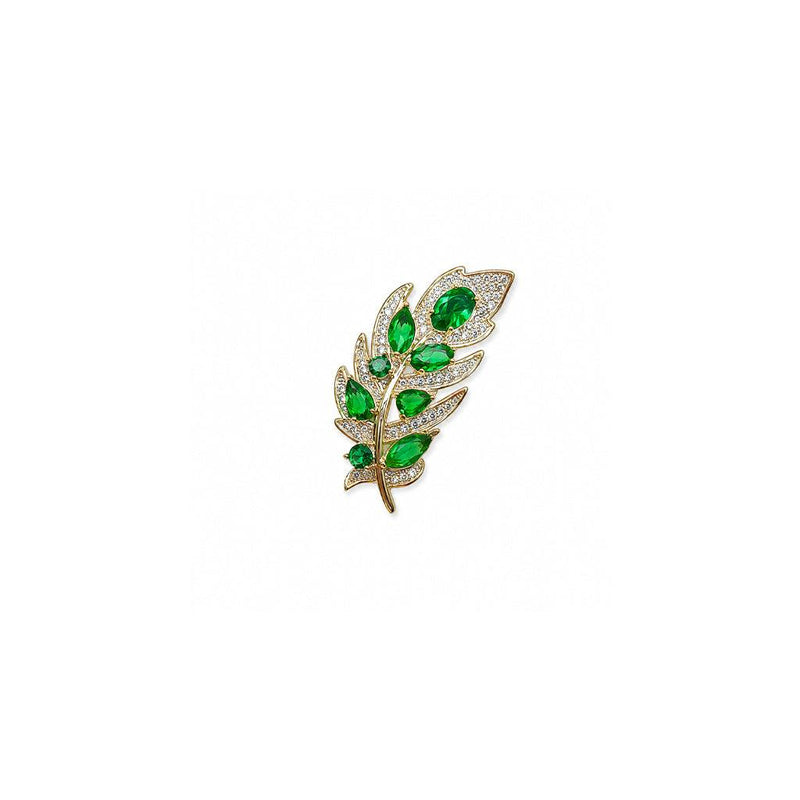 gold plated leaf brooch with green cubic zirconia stones