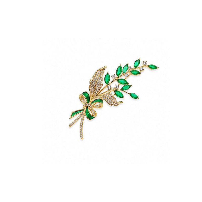 Leaf cubic zirconia brooch with green stones and gold plating