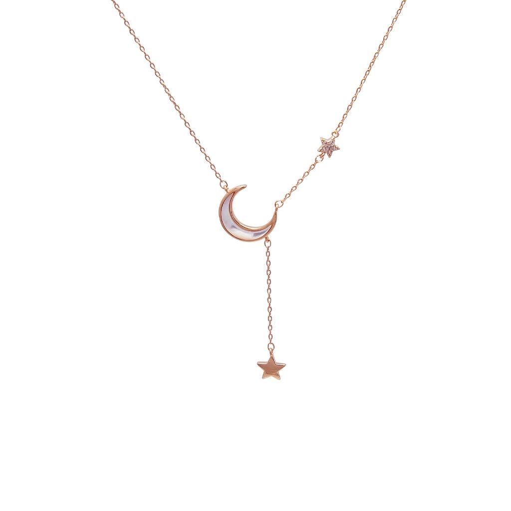 Rose gold moon and star mother of pearl pendant necklace
