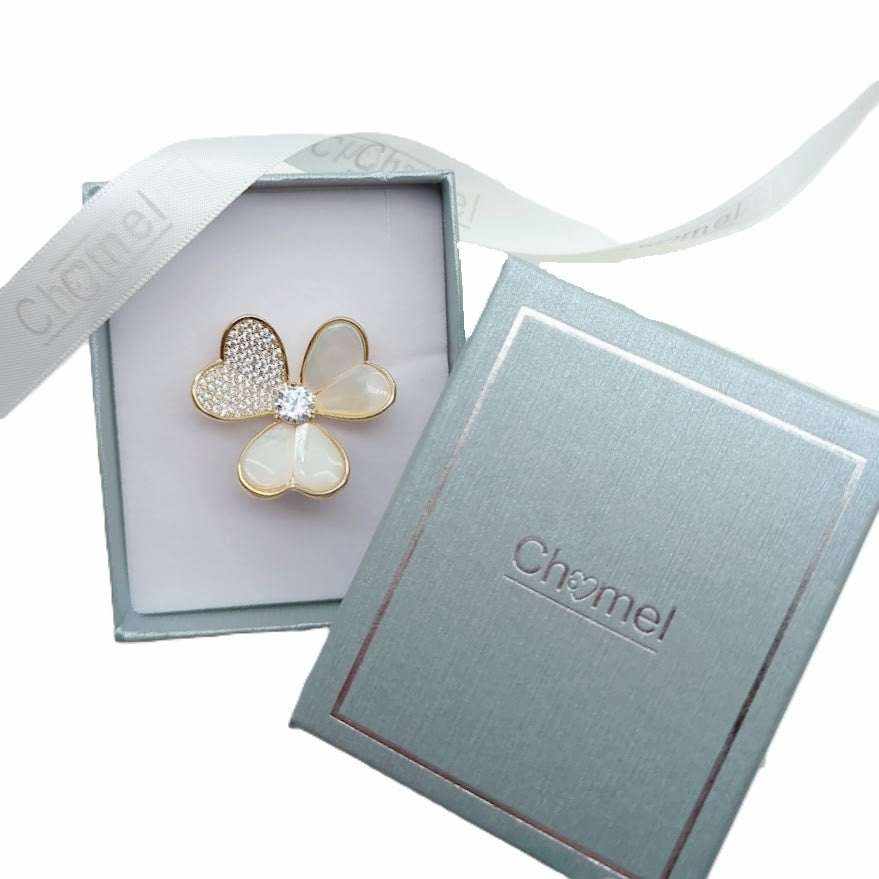 Gold plated 3 leaf clover mother of pearl brooch with cubic zirconia