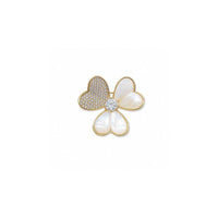 Gold plated 3 leaf clover mother of pearl brooch with cubic zirconia