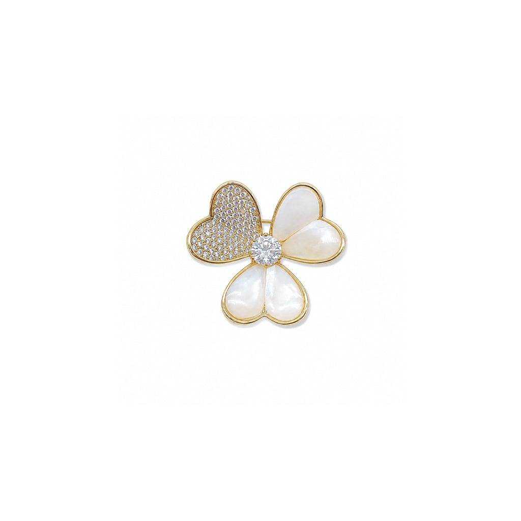 Gold plated 3 leaf clover mother of pearl brooch with cubic zirconia