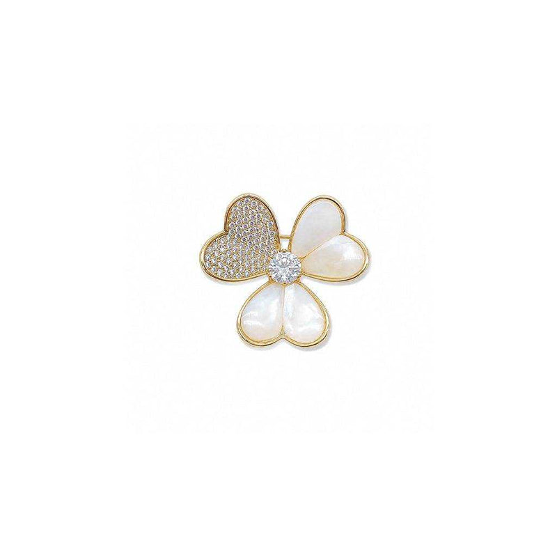 Gold plated 3 leaf clover mother of pearl brooch with cubic zirconia