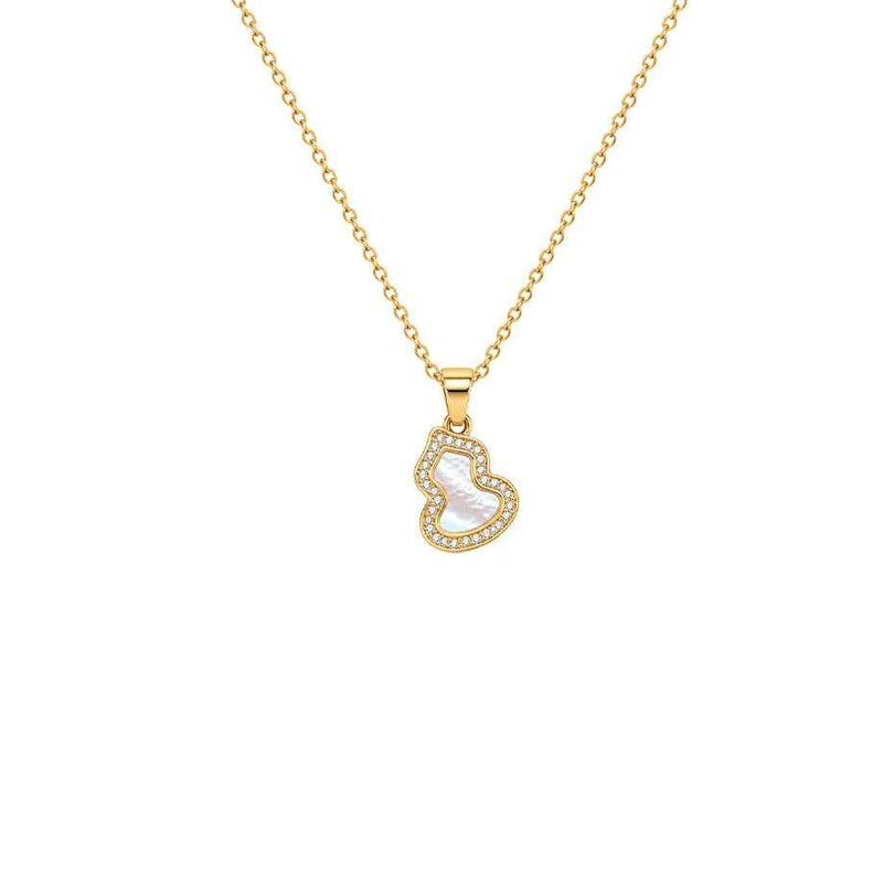 mother of pearl necklace with a gold-tone chain and heart-shaped iridescent pendant framed by sparkling stones