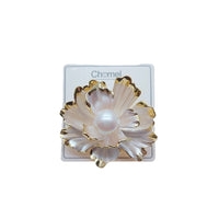 White enamel flower brooch with gold-plated edges and a 14mm simulated pearl center, 5.1cm x 4.6cm size, pin with C clasp closure.