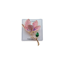 Gold-plated flower freshwater pearl brooch with pink and purple enamel petals and baroque pearl detail
