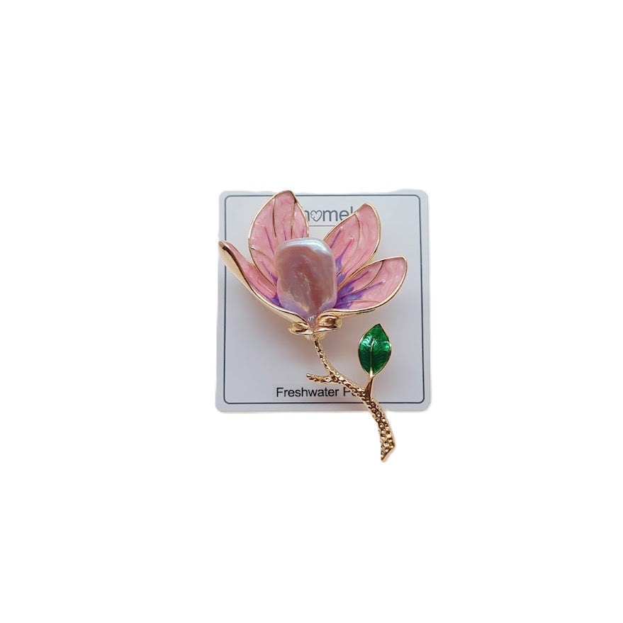 Gold-plated flower freshwater pearl brooch with pink and purple enamel petals and baroque pearl detail