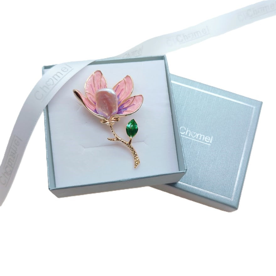 Gold-plated flower freshwater pearl brooch with pink and purple enamel blooms and baroque pearl detail