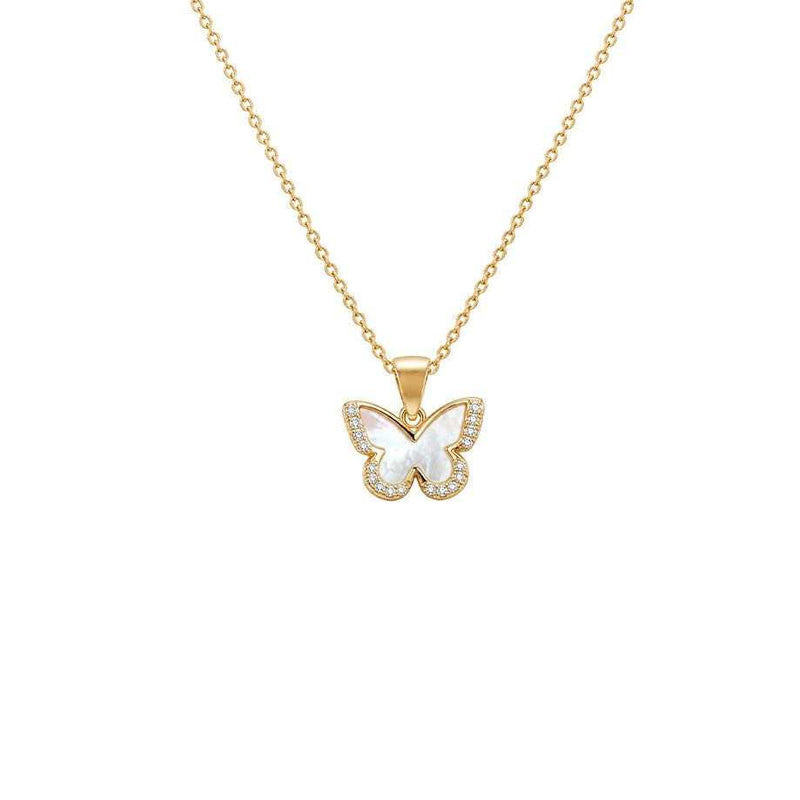Gold pendant necklace with a butterfly-shaped white mother-of-pearl centre and sparkling cubic zirconia border