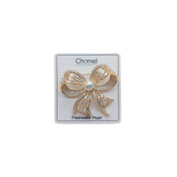 Gold ribbon freshwater pearl brooch with cubic zirconia accents