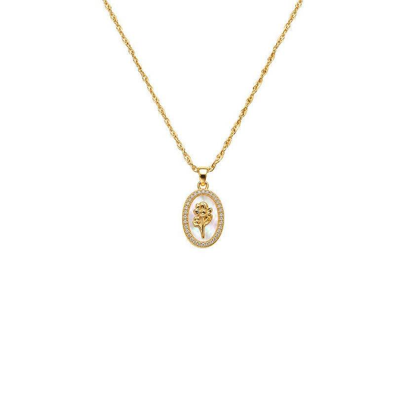 Rose flower pendant necklace in gold tone with an oval pearl-like center, flower stalk motif and sparkling crystal border