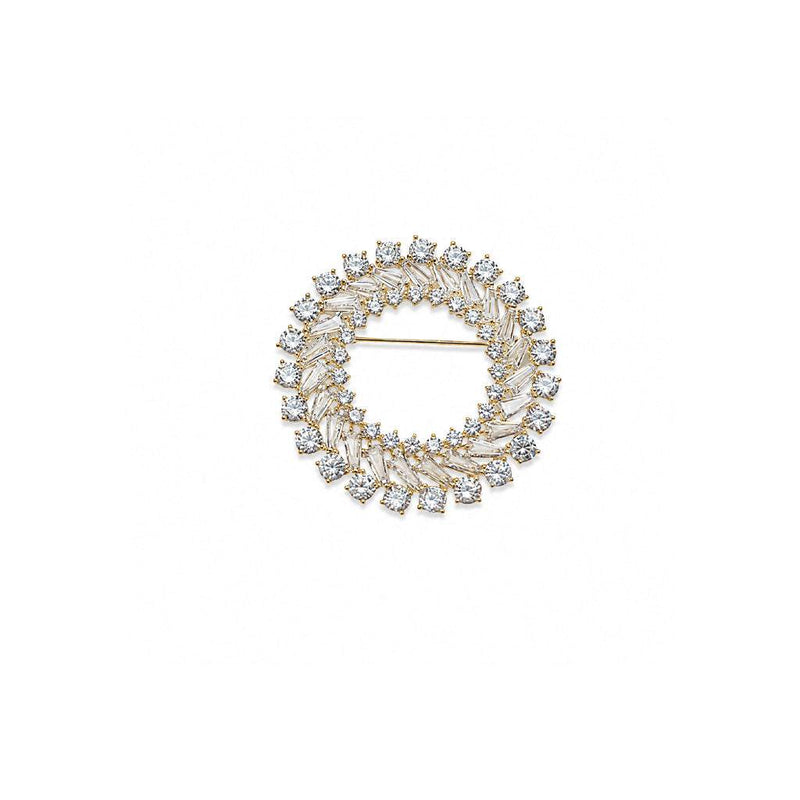 Gold plated round cubic zirconia brooch with baguette and round stones