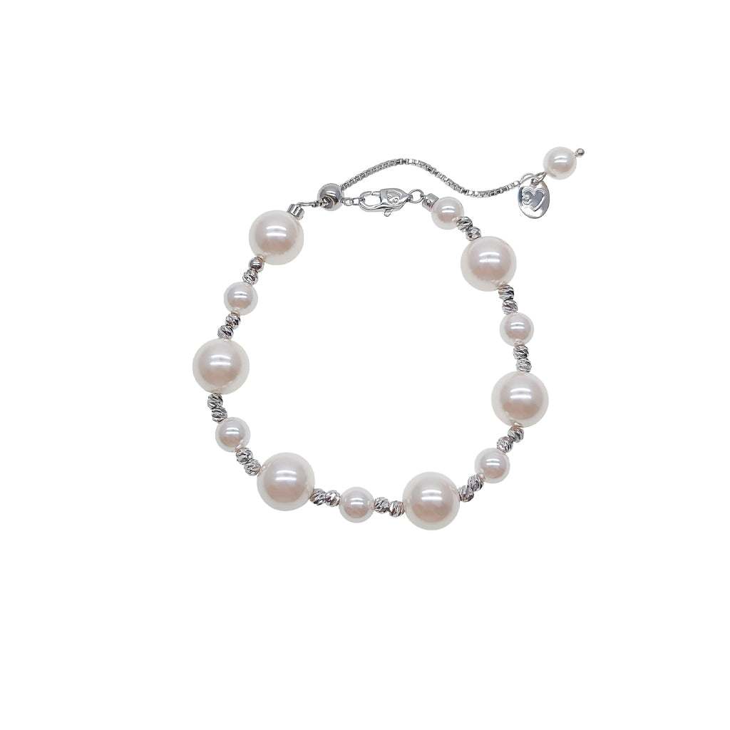 simulated pearl bracelet with pull string and rhodium beads