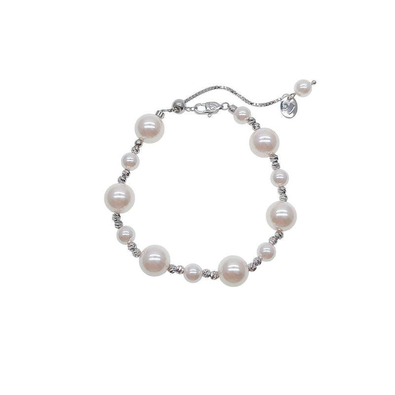 simulated pearl bracelet with pull string and rhodium beads