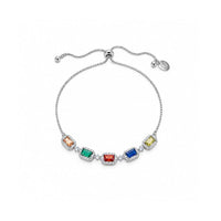 Rhodium-plated silver-tone slider bracelet with multicoloured rectangular stones, clear crystal borders and an adjustable chain clasp.