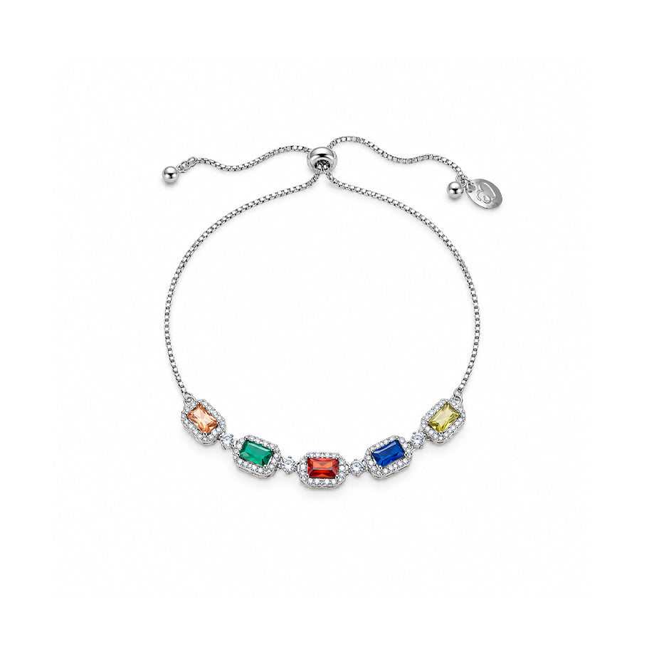 Rhodium-plated silver-tone slider bracelet with multicoloured rectangular stones, clear crystal borders and an adjustable chain clasp.
