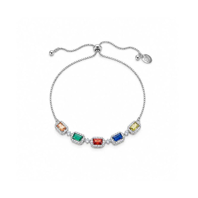 Rhodium-plated silver-tone slider bracelet with multicoloured rectangular stones, clear crystal borders and an adjustable chain clasp.