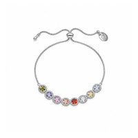 Silver-tone chain slider bracelet with multicolour round stones in delicate pavé borders and an adjustable sliding clasp.