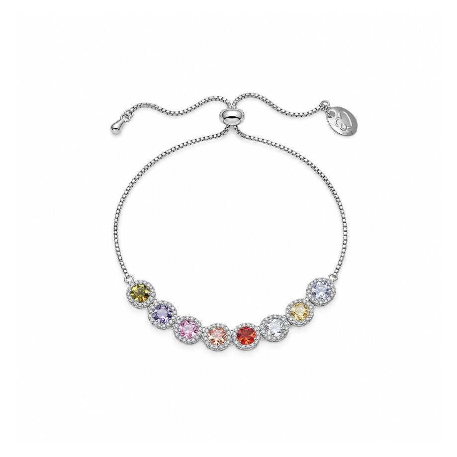 Silver-tone chain slider bracelet with multicolour round stones in delicate pavé borders and an adjustable sliding clasp.