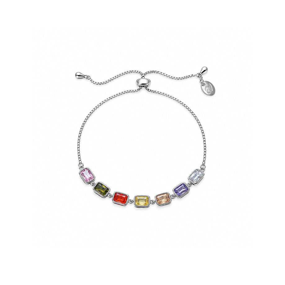 Multicolour slider bracelet with rectangular faceted stones in silver-tone settings and an adjustable chain clasp.
