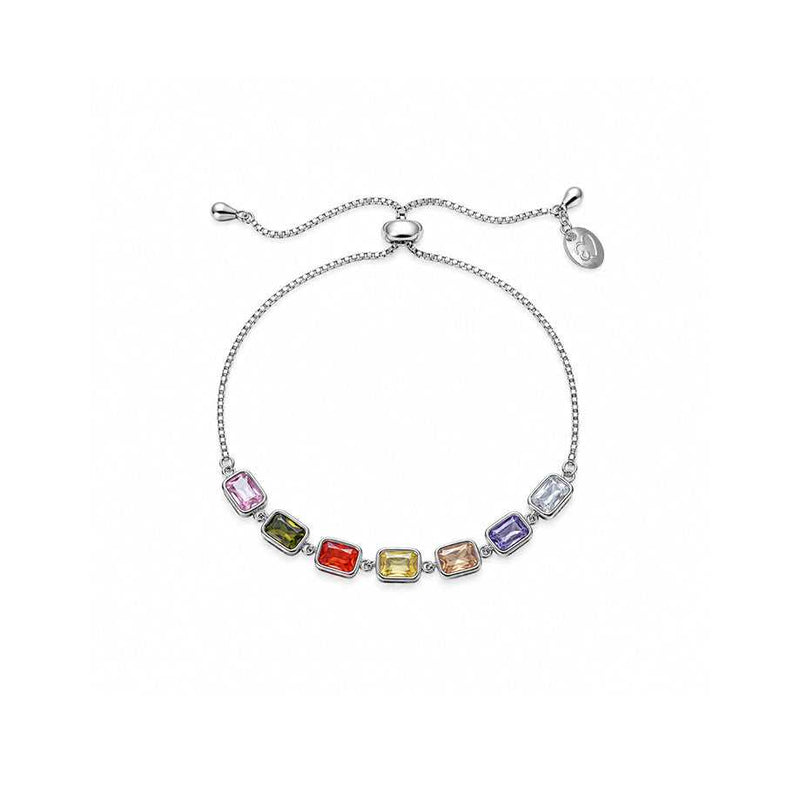Multicolour slider bracelet with rectangular faceted stones in silver-tone settings and an adjustable chain clasp.