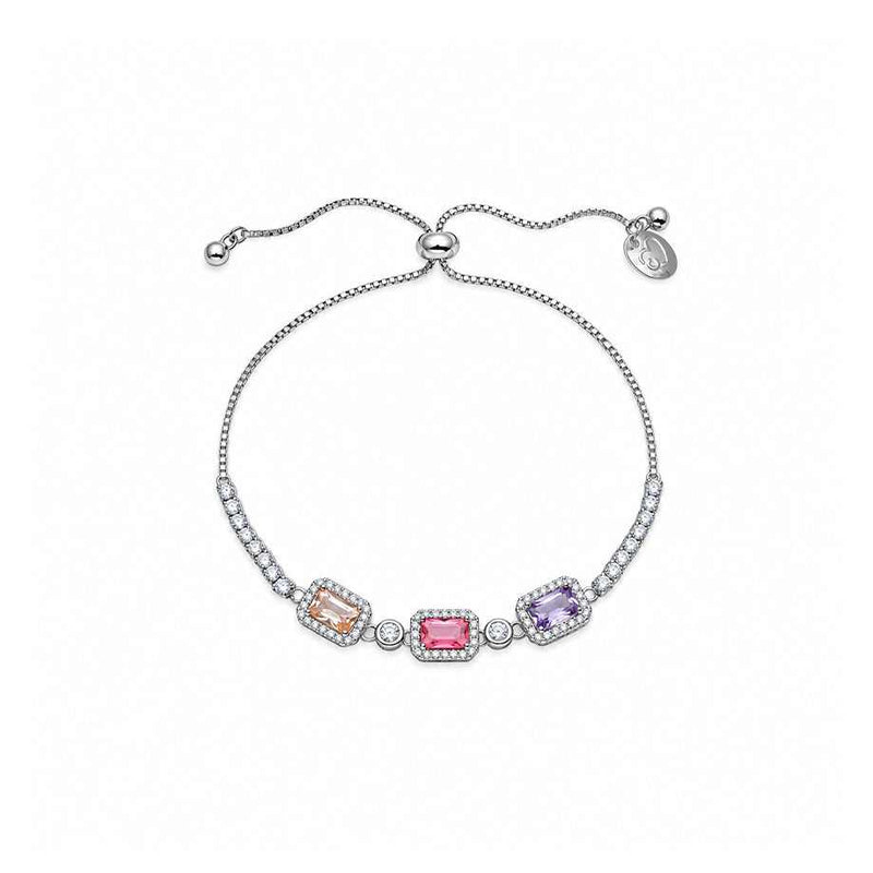 Slider bracelet in silver-tone metal with three colourful rectangular stones, bordered and flanked by small clear crystals and an adjustable chain.