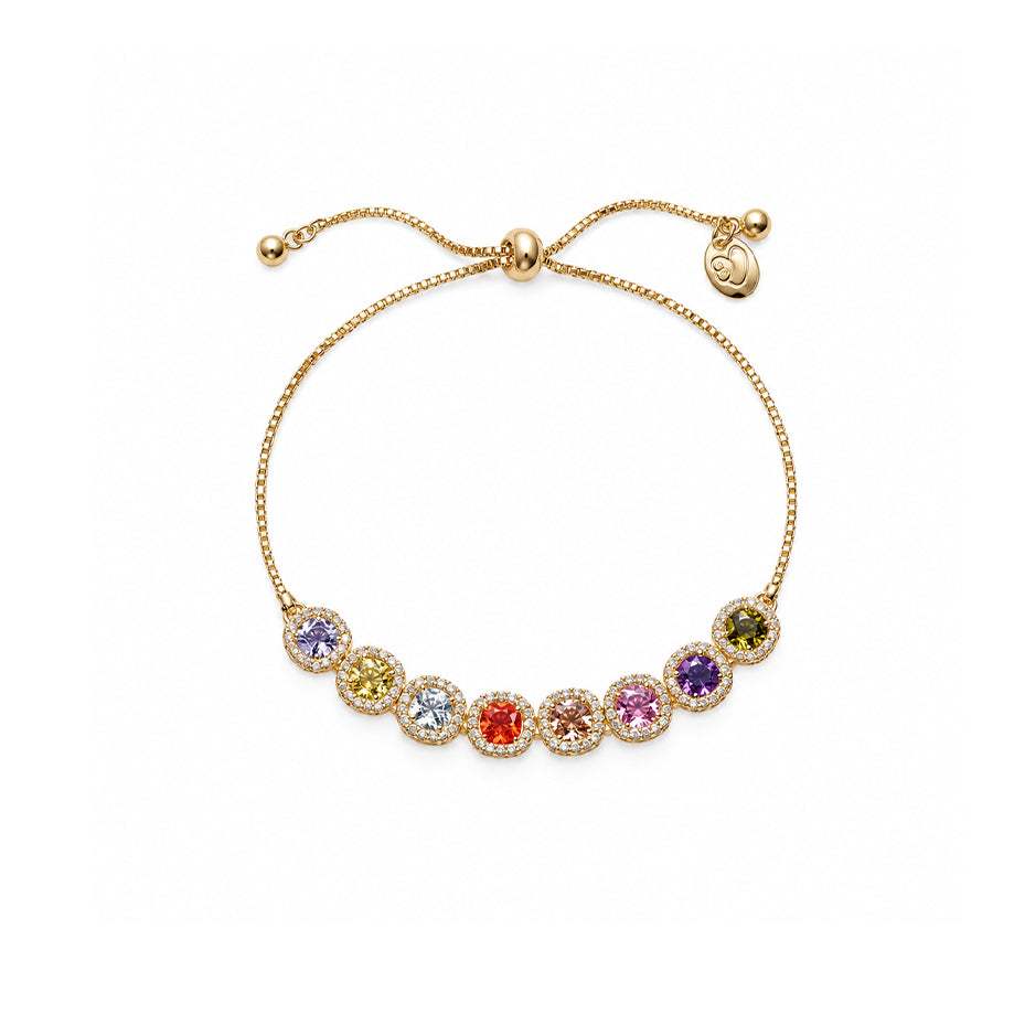 Gold-tone slider bracelet with a delicate chain and multicoloured round stones in sparkling halo settings along the front.