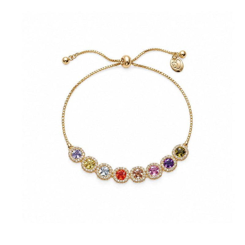 Gold-tone slider bracelet with a delicate chain and multicoloured round stones in sparkling halo settings along the front.