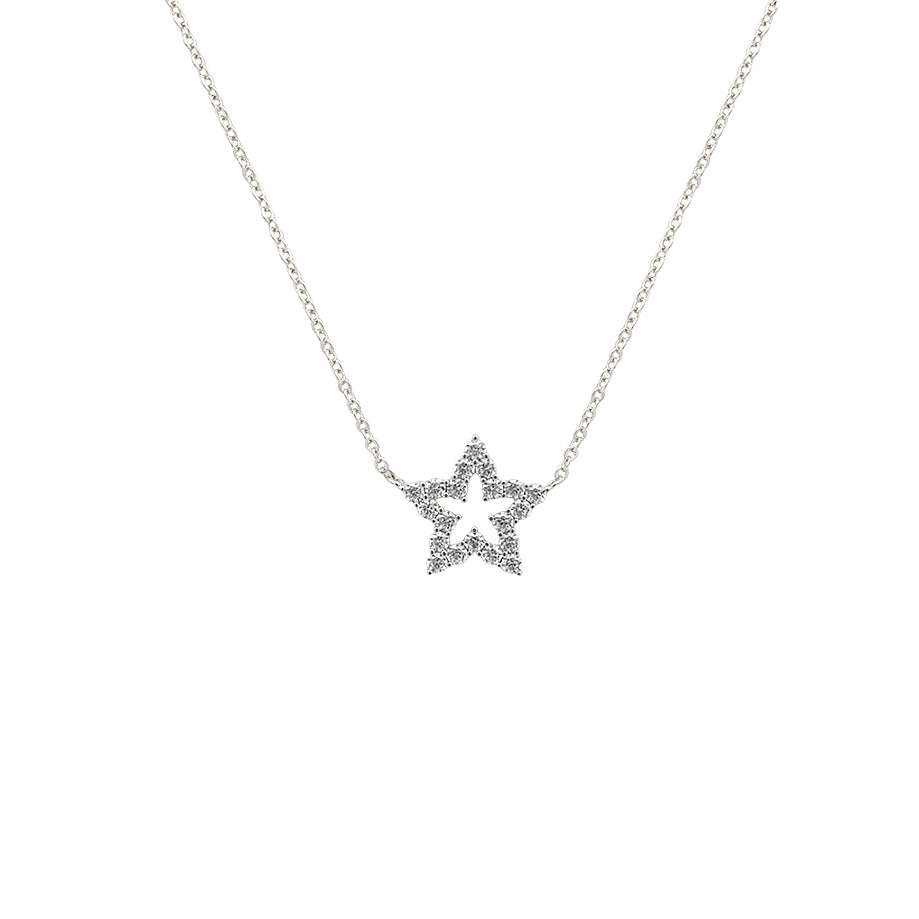 Star Pendant Necklace in silver-tone metal with a fine chain and open star pendant set with sparkling clear stones