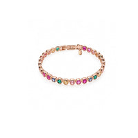 Cubic Zirconia Tennis Bracelet with colourful 4mm round stones set in a rose gold plated metal frame with clasp closure.