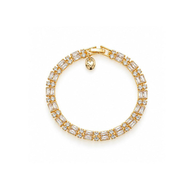 tennis bracelet in gold-tone metal with rows of clear baguette-cut and round cubic zirconia stones and a heart charm