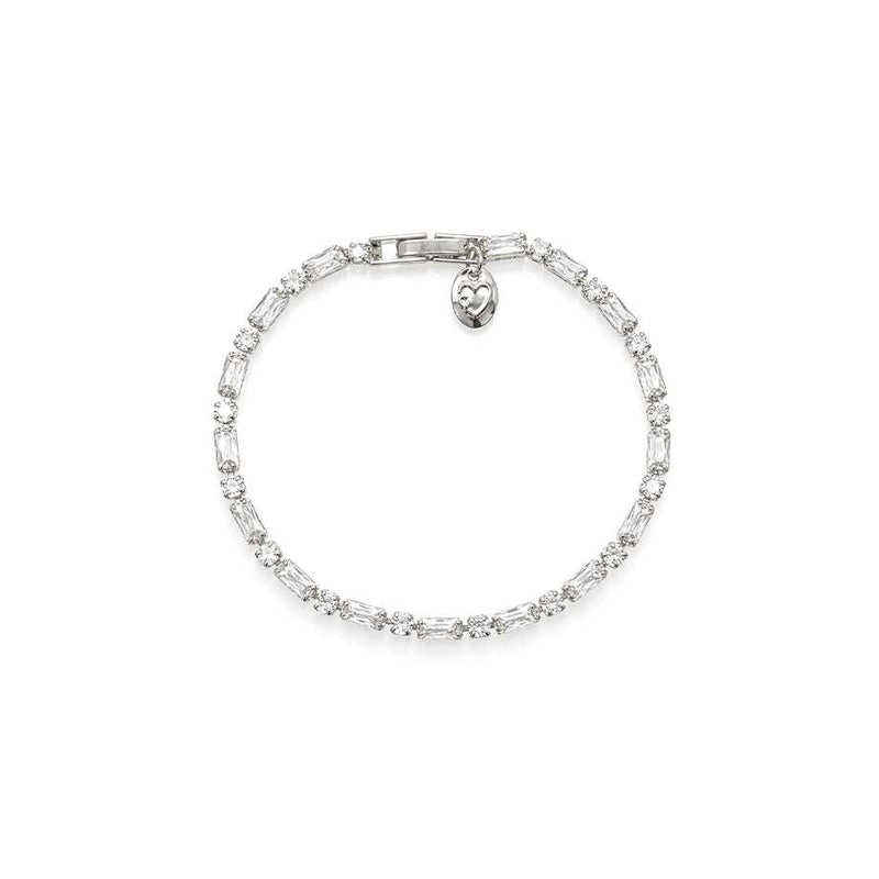 tennis bracelet with clear rectangular and round stones in a silver-tone setting, finished with a small heart charm